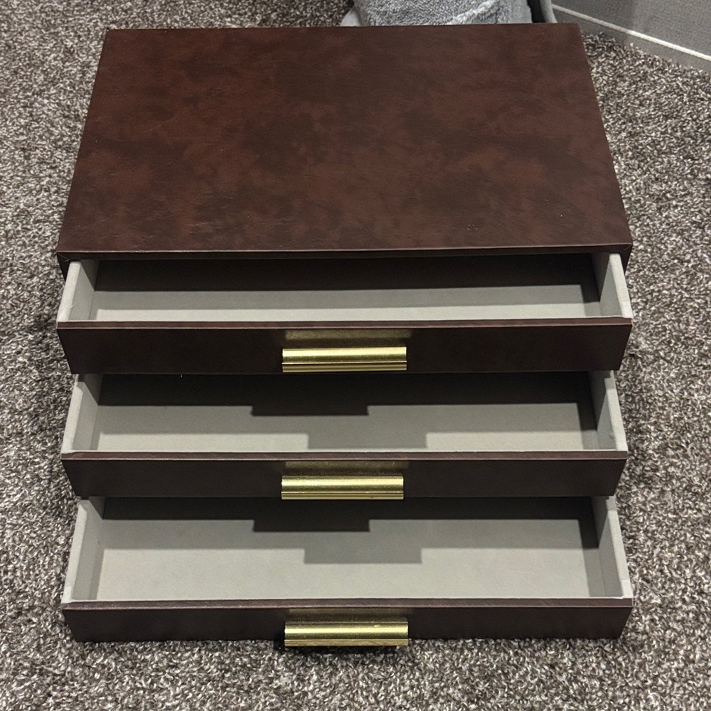 Brown Faux-Leather 3-Drawer Desktop Organizer with Gold Handles